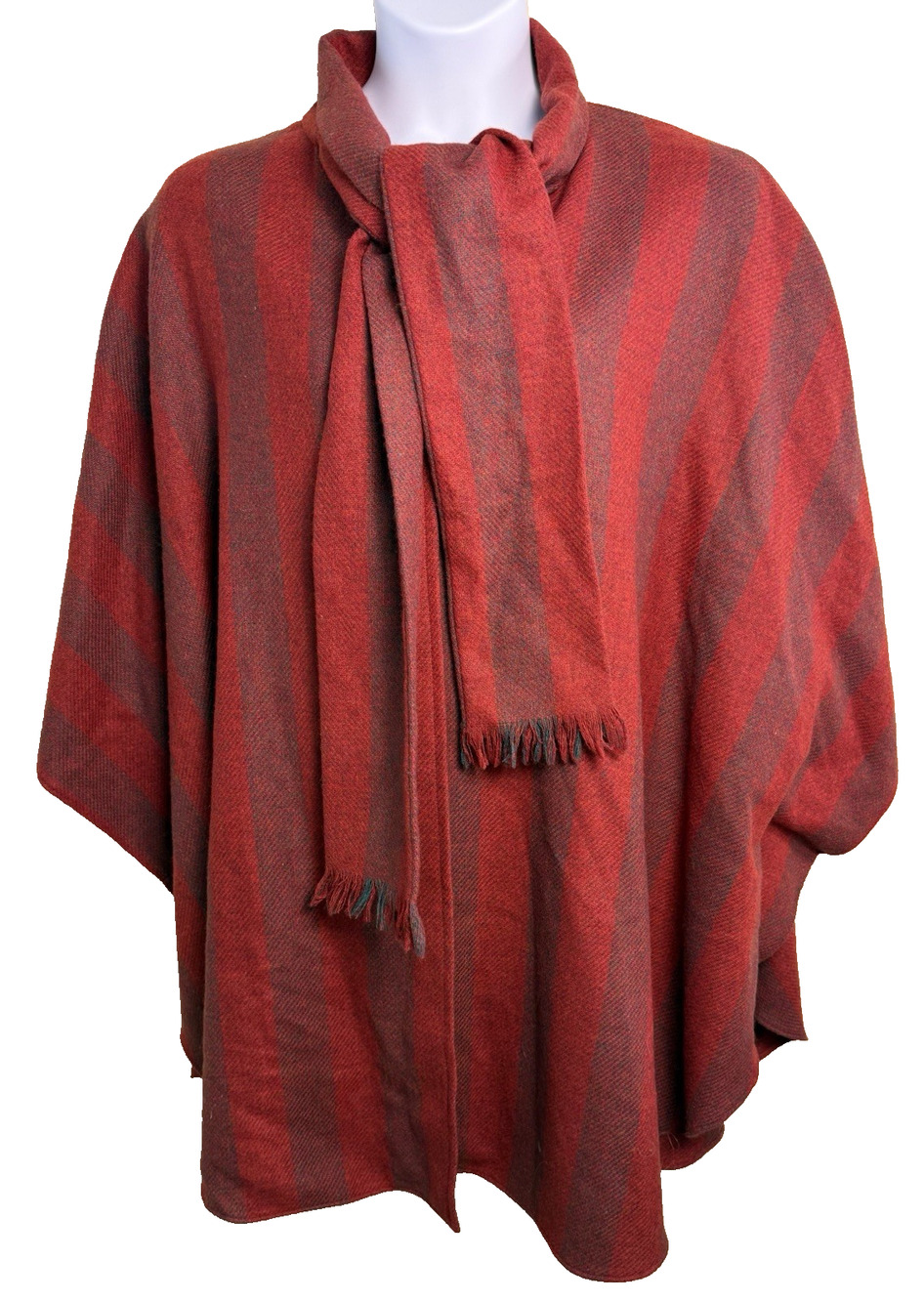 Triona Design Donegal Tweed Irish Wool Cape Poncho Attached Scarf OS Red Stripes